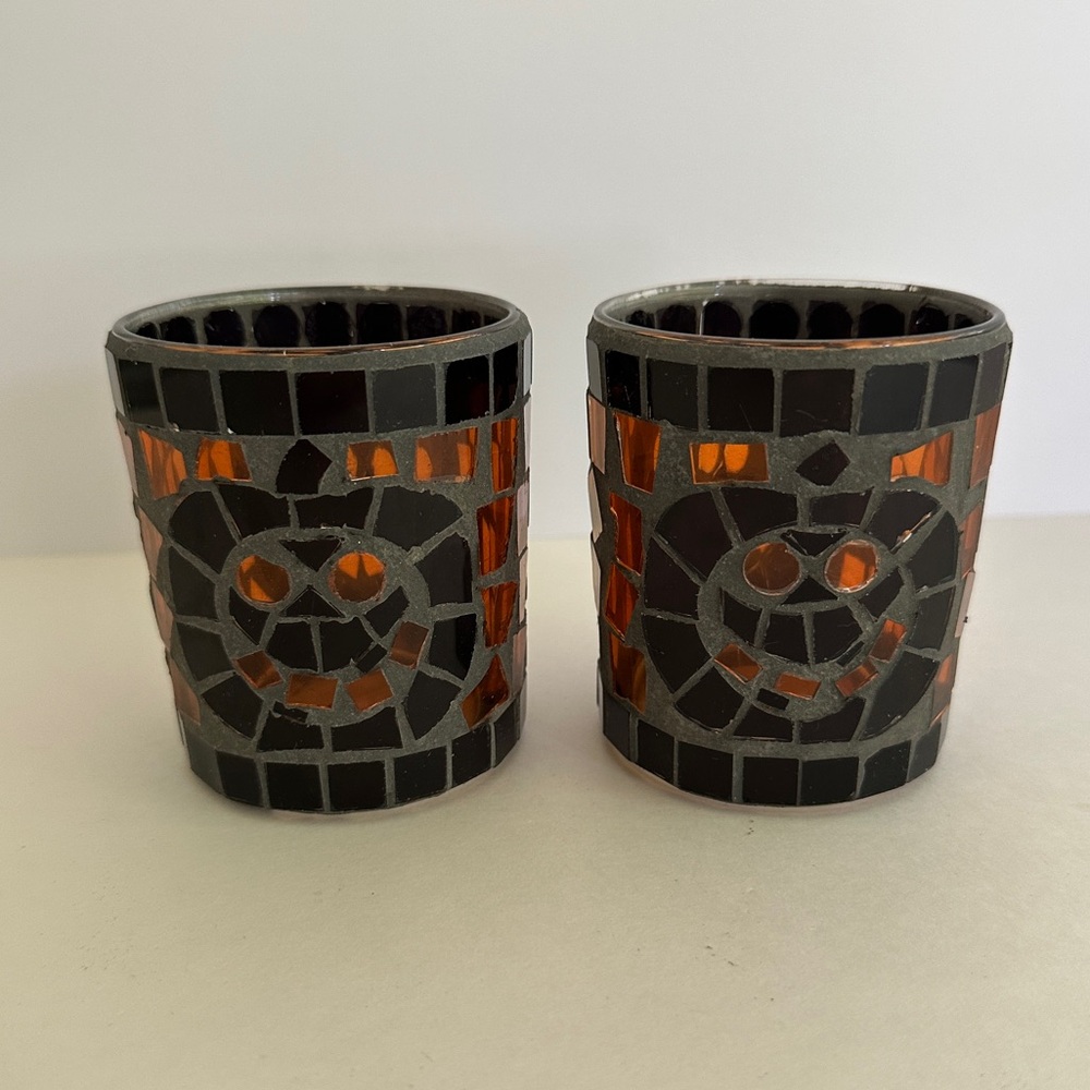 Yankee Candle • Rare Pumpkin Mosaic Glass Votive Candle Holders Halloween